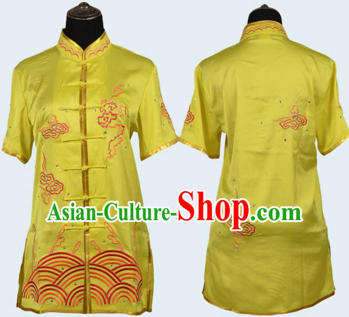 Chinese Traditional Kung Fu Embroidered Clouds Yellow Costume Martial Arts Tai Ji Competition Clothing for Men