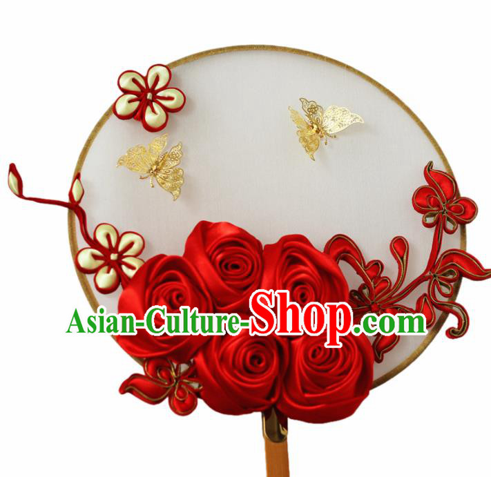 Chinese Handmade Bride Classical Red Roses Palace Fans Wedding Accessories Round Fan for Women