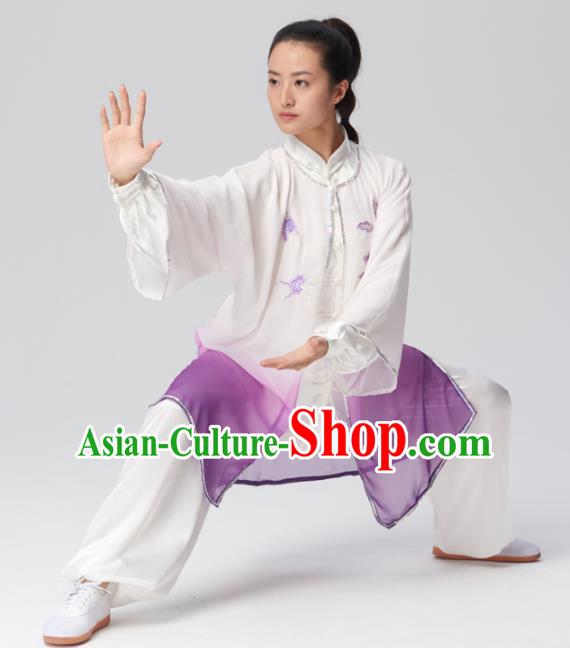 Chinese Traditional Tai Chi Group Embroidered Purple Silk Costume Martial Arts Kung Fu Competition Clothing for Women