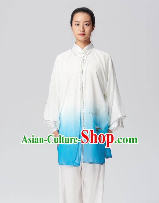 Chinese Traditional Tai Chi Group Embroidered Blue Silk Costume Martial Arts Kung Fu Competition Clothing for Women