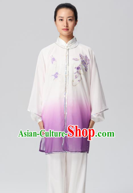 Chinese Traditional Tai Chi Group Embroidered Purple Silk Costume Martial Arts Kung Fu Competition Clothing for Women