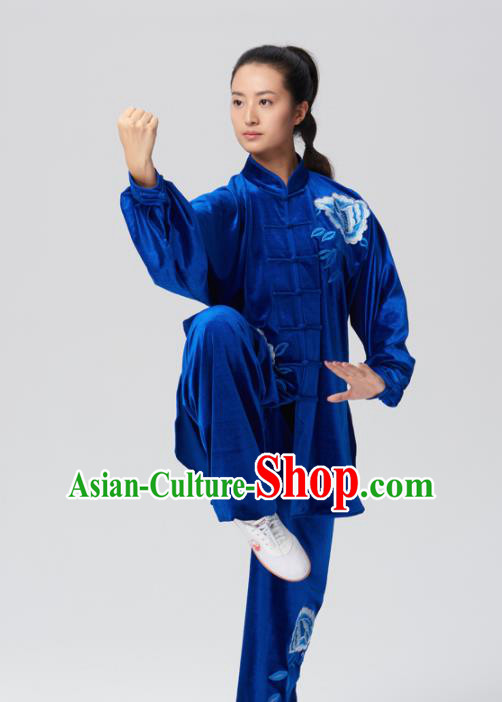 Chinese Traditional Tai Chi Group Royalblue Velvet Costume Martial Arts Kung Fu Competition Clothing for Women