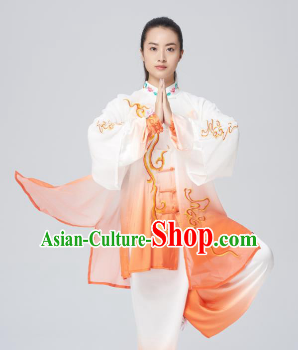 Chinese Traditional Tai Chi Group Embroidered Orange Costume Martial Arts Kung Fu Competition Green Silk Clothing for Women
