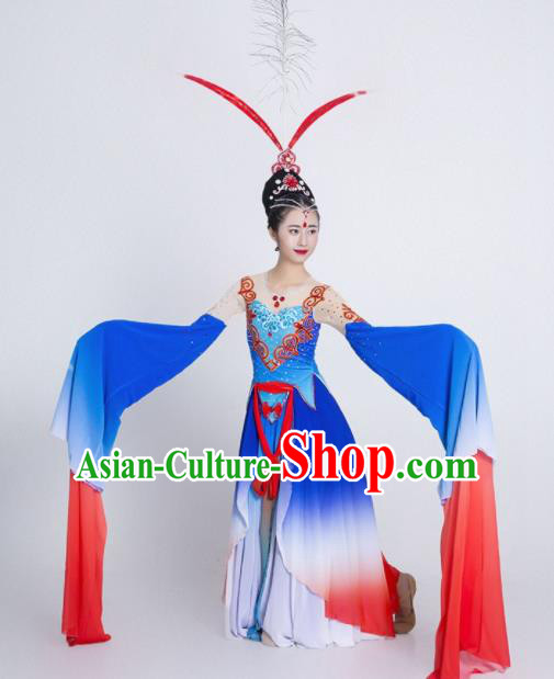 Chinese Traditional Classical Dance Costume Palace Peri Dance Water Sleeve Blue Dress for Women