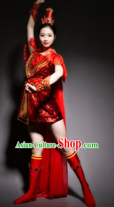 Chinese Traditional National Drum Dance Red Clothing Folk Dance Costume for Women