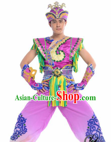 Chinese Traditional Mongol Nationality Costume Mongolian Ethnic Dance Embroidery Purple Clothing for Men