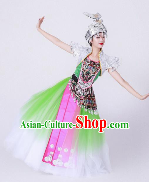 Chinese Traditional Miao Nationality Costume Hmong Ethnic Folk Dance Green Dress for Women