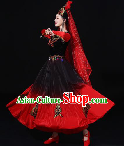 Traditional Chinese Uyghur Nationality Red Dress Uigurian Folk Dance Ethnic Costume for Women