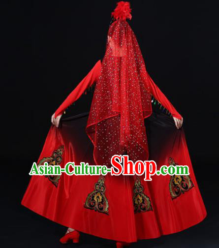 Traditional Chinese Uyghur Nationality Red Dress Uigurian Folk Dance Ethnic Costume for Women