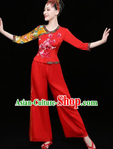 Chinese Traditional Folk Dance Clothing Group Yangko Dance Stage Performance Red Costume for Women