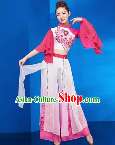 Traditional Chinese Folk Dance Stage Show Clothing Group Umbrella Dance Pink Costume for Women