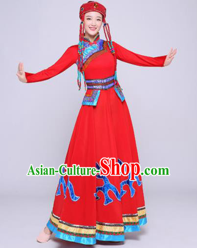 Traditional Chinese Mongol Nationality Folk Dance Red Dress National Ethnic Costume for Women