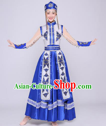 Traditional Chinese Mongol Nationality Folk Dance Royalblue Dress Mongolian National Ethnic Costume for Women