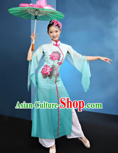 Chinese Traditional Umbrella Dance Green Dress Classical Lotus Dance Stage Performance Costume for Women