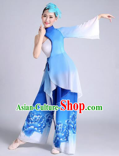 Chinese Traditional Classical Dance Fan Dance Blue Dress Umbrella Dance Stage Performance Costume for Women