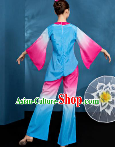 Traditional Chinese Folk Dance Blue Clothing Yangko Dance Fan Dance Costume for Women