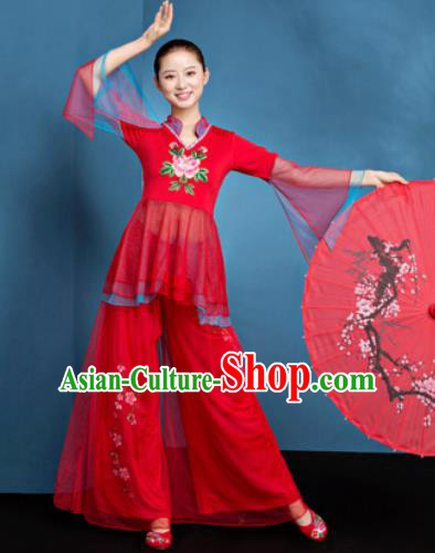 Traditional Chinese Folk Dance Fan Dance Red Veil Clothing Yangko Dance Costume for Women