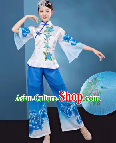 Traditional Chinese Folk Dance Stage Show Clothing Yangko Dance Printing Peony Blue Costume for Women