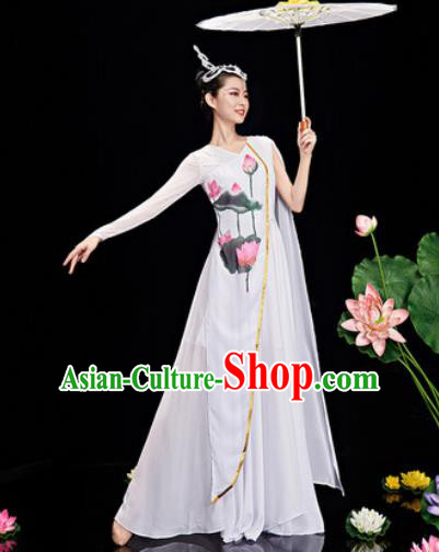 Chinese Traditional Umbrella Dance Printing Lotus Dress Classical Dance Stage Performance Costume for Women