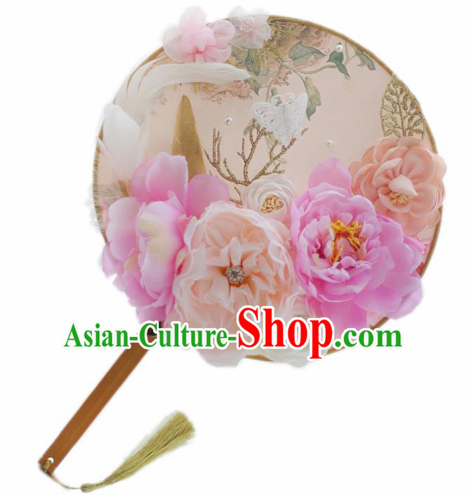 Chinese Traditional Wedding Round Fans Classical Bride Pink Peony Palace Fan for Women