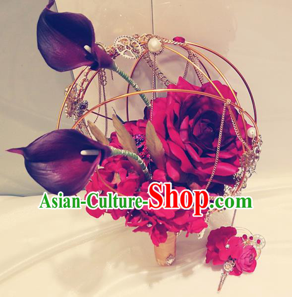 Top Grade Wedding Bridal Bouquet Hand Red Peony Flowers Bunch for Women