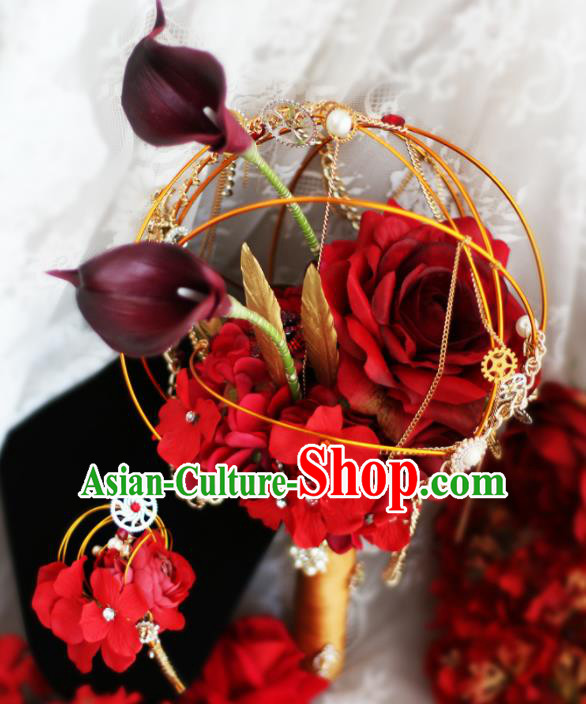 Top Grade Wedding Bridal Bouquet Hand Red Peony Flowers Bunch for Women