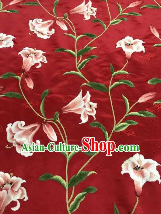 Asian Chinese Embroidered Greenish Lily Flower Pattern Red Brocade Fabric Traditional Cheongsam Silk Fabric Material