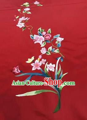Asian Chinese Embroidered Orchid Pattern Red Silk Fabric Material Traditional Cheongsam Brocade Fabric