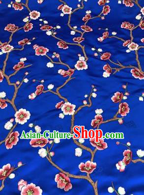 Asian Chinese Suzhou Embroidered Wintersweet Pattern Deep Blue Silk Fabric Material Traditional Cheongsam Brocade Fabric