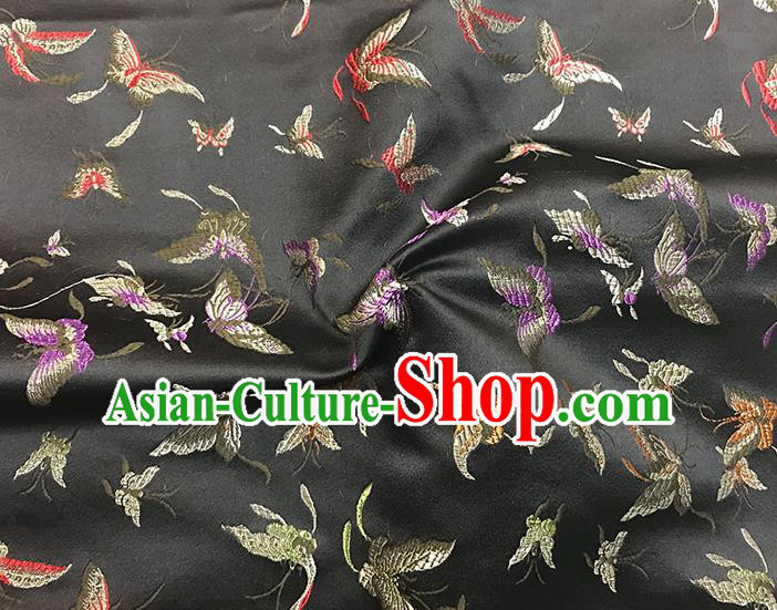 Asian Chinese Royal Embroidery Butterfly Pattern Black Brocade Fabric Traditional Silk Fabric Kimono Material