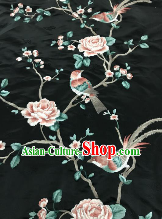 Asian Chinese Royal Embroidered Peony Birds Pattern Black Brocade Fabric Traditional Cheongsam Silk Fabric Material