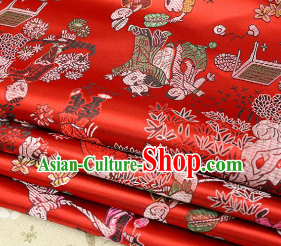 Asian Chinese Royal Hundred Children Pattern Red Brocade Fabric Traditional Silk Fabric Tang Suit Material