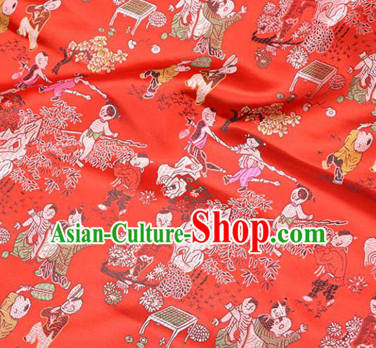 Asian Chinese Royal Hundred Children Pattern Red Brocade Fabric Traditional Silk Fabric Tang Suit Material