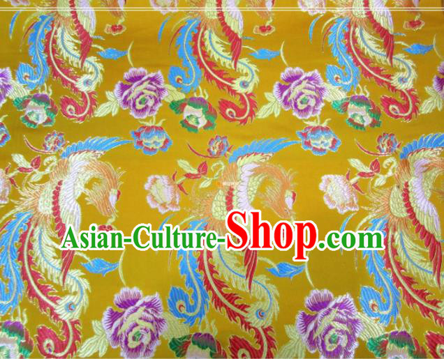 Asian Chinese Traditional Phoenix Peony Pattern Yellow Nanjing Brocade Fabric Tang Suit Silk Material