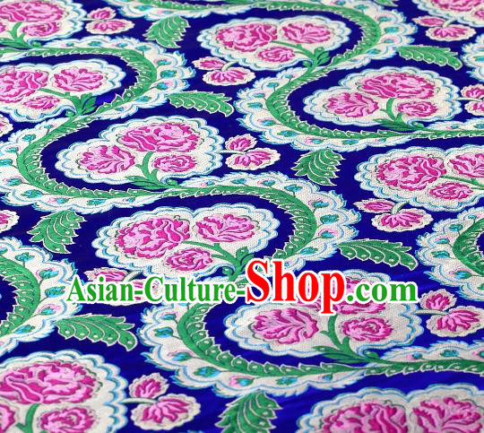 Asian Chinese Traditional Royalblue Satin Peony Pattern Nanjing Brocade Fabric Tang Suit Silk Material