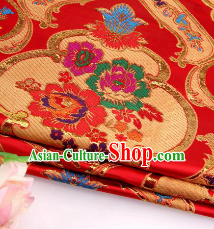 Asian Chinese Traditional Royal Peony Pattern Red Satin Nanjing Brocade Fabric Tang Suit Silk Material