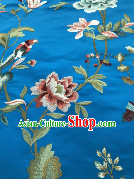 Asian Chinese Suzhou Embroidered Flowers Birds Pattern Blue Silk Fabric Material Traditional Cheongsam Brocade Fabric