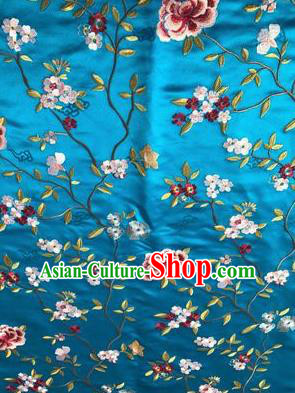 Asian Chinese Suzhou Embroidered Flowers Pattern Blue Silk Fabric Material Traditional Cheongsam Brocade Fabric
