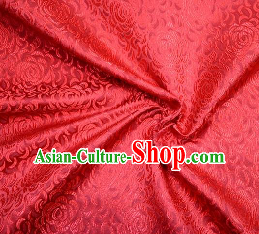 Asian Chinese Traditional Rose Pattern Red Satin Brocade Fabric Tang Suit Silk Material
