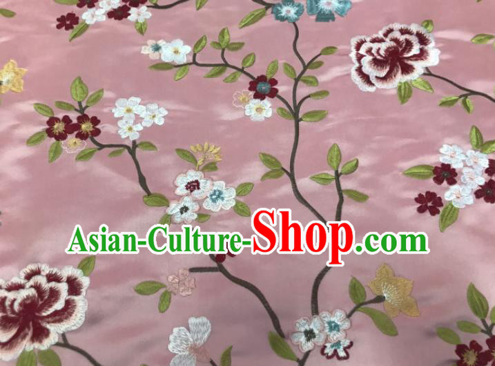 Asian Chinese Traditional Cheongsam Embroidered Flowers Pattern Pink Brocade Fabric Suzhou Silk Fabric Material