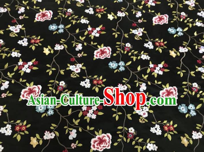 Asian Chinese Traditional Cheongsam Embroidered Flowers Pattern Black Brocade Fabric Suzhou Silk Fabric Material
