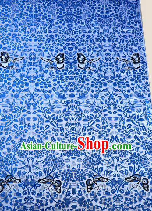 Asian Chinese Traditional Blue Brocade Fabric Tang Suit Royal Flowers Pattern Silk Fabric Material