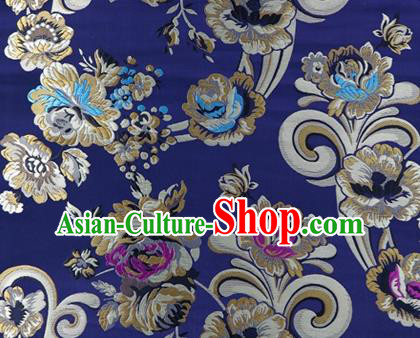 Asian Chinese Traditional Tang Suit Royal Flowers Pattern Navy Nanjing Brocade Fabric Silk Fabric Material