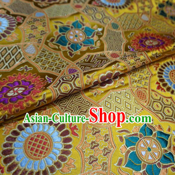 Asian Chinese Classical Rosette Design Pattern Yellow Brocade Traditional Cheongsam Satin Fabric Tang Suit Silk Material