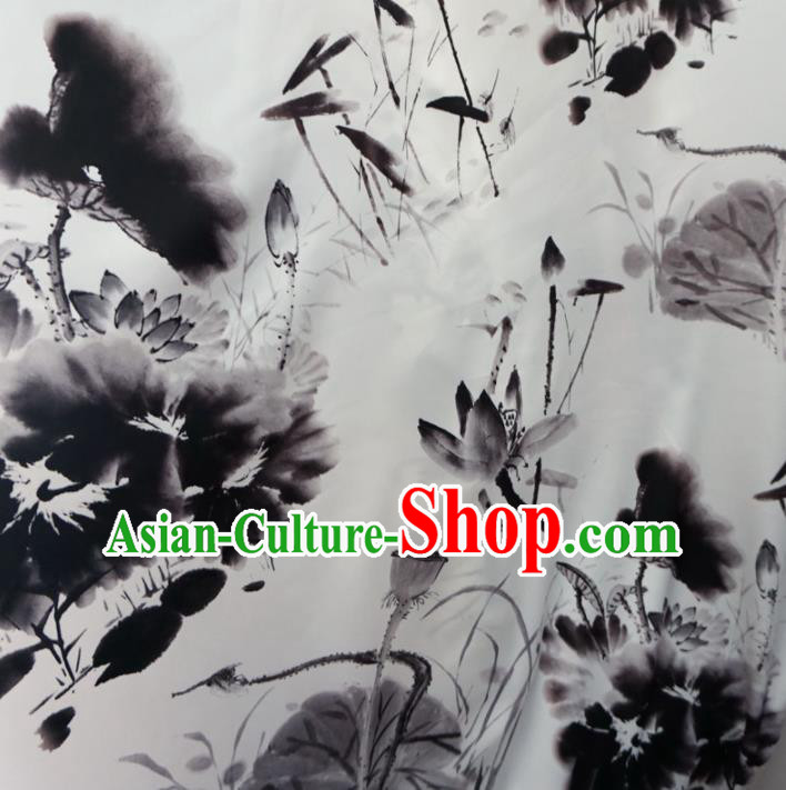 Asian Chinese Ink Painting Lotus White Brocade Traditional Cheongsam Satin Fabric Tang Suit Silk Material