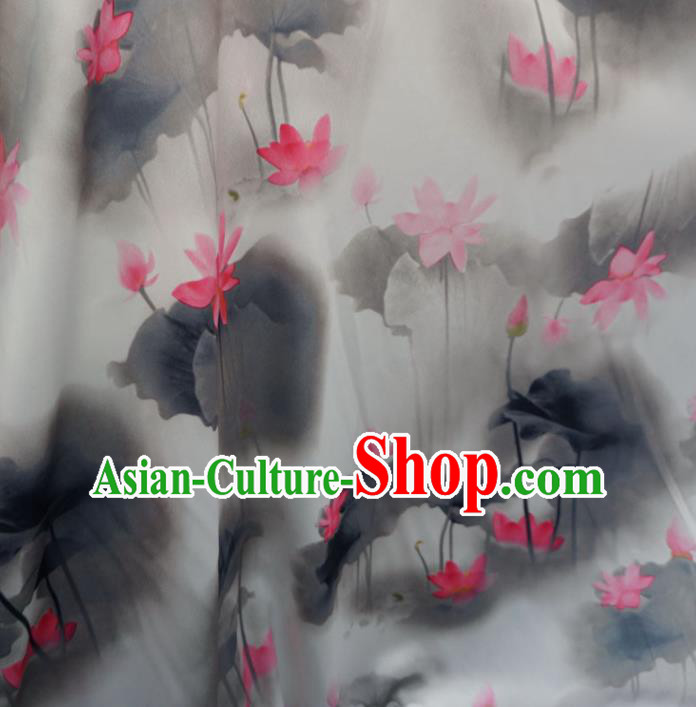 Asian Chinese Ink Painting Red Lotus Brocade Traditional Cheongsam Satin Fabric Tang Suit Silk Material