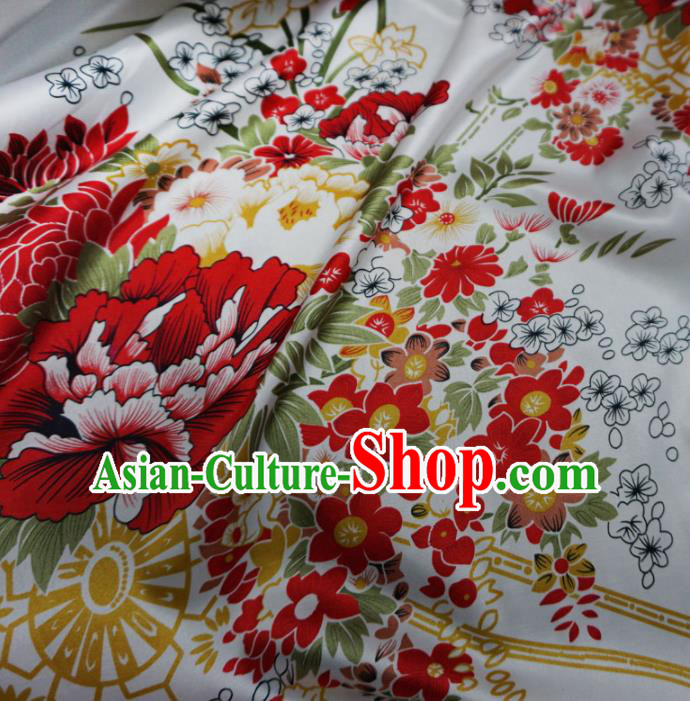 Asian Chinese Printing Peony White Brocade Traditional Cheongsam Satin Fabric Tang Suit Silk Material