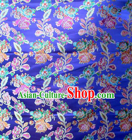 Asian Chinese Classical Peony Flowers Pattern Royalblue Nanjing Brocade Traditional Tibetan Robe Satin Fabric Silk Material