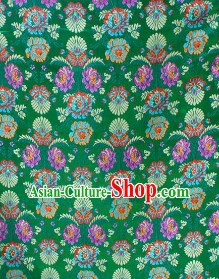 Asian Chinese Classical Flowers Pattern Green Nanjing Brocade Traditional Tibetan Robe Satin Fabric Silk Material