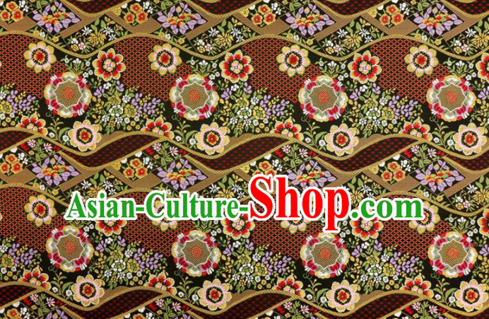 Asian Traditional Classical Flowers Pattern Nishijin Black Brocade Fabric Japanese Kimono Satin Silk Material
